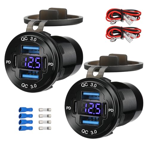 2 Pack 12V USB Outlet 4-Port, 78W Dual PD30W & QC3.0 Fast Charger, Waterproof Aluminum Alloy 12v Power Outlet with Blue Voltmeter for Cars RVs Boats Golf Carts Trucks Motorcycles - size: 2 pack