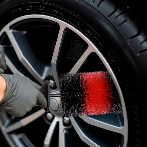 (Upgraded) TAKAVU Premium Wheel & Tire Brush, Long Bristle Detailing Brush for Effortless Rim & Tire Cleaning, Non-Slip Handle, Built-in Knuckle Guard, Deep Reach for Brake Dust & Dirt Removal (Red) - color: Red & Black - Big Brush