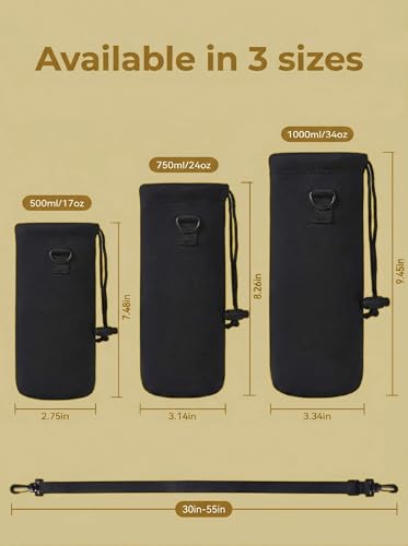 RICHEN Neoprene Water Bottle Carrier Bag with Adjustable Shoulder Strap,Insulated Water Bottle Cover for Stainless Steel/Glass/Plastic Bottles - color: Charcoal Black, size: 750ml