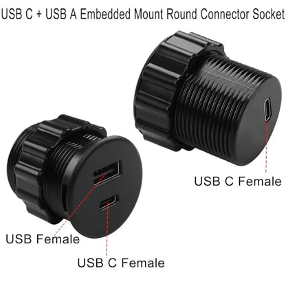 QIANRENON 2 Port USB C & USB Threaded Fixed Fast Charging Adapter 15W USB C + USB A Embedded Mount Round Connector Socket 5V/3.1A,LED Light, Mount on Furniture Desktop, Black (only for USB Charge) - color: Black