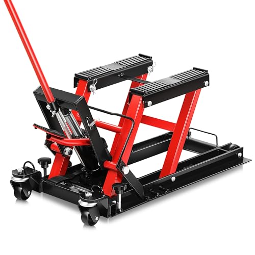 Auto Dynasty Hydraulic Motorcycle Lift Jack, 1500LBS Capacity Low Profile Steel ATV Lifts Stand Hoist with Wheels and Handle for Motorcycles, Bicycles, ATVs, UTVs, Dirt Bikes, Red - size: 1500 LBS