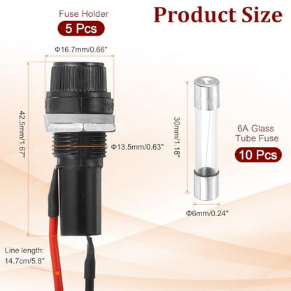 MECCANIXITY 5 Pcs Panel Mount Fuse Holder, 10/15A AC 125/250V 6 x 30mm Fuse Spade Terminal Screw Cap Fuse Holders with Pre-Soldered Wires and 6A Glass Tube Fuses - size: 6X30mm, style: 6A