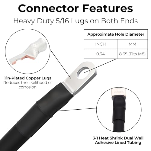2 AWG Battery Cable with Battery Terminals, Pure Copper Wire, Automotive, Solar Power Inverter, Welding, Golf Cart, Lawn Mower, Motorcycle (Black Wire, 1 FT (12 in), 5/16" Lugs on Both Ends, 1pc) - color: Black, size: 1 FT 5/16" Lugs