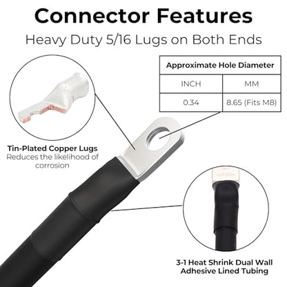 2 AWG Battery Cable with Battery Terminals, Pure Copper Wire, Automotive, Solar Power Inverter, Welding, Golf Cart, Lawn Mower, Motorcycle (Black Wire, 1 FT (12 in), 5/16" Lugs on Both Ends, 1pc) - color: Black, size: 1 FT 5/16" Lugs