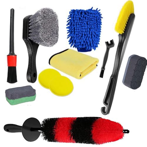 Motorcycle Cleaning Kit 11pcs to Clean Motorcycle Engine Tires Mudguard,Rims,Frame with Hard Reach Brush, Microfiber Mitt, Detailing Tools, Drying Towel