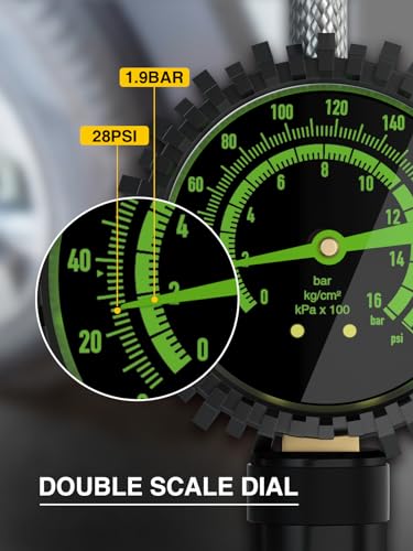 AZUNO Heavy Duty Tire Pressure Gauge, Tire Inflator Gauge 230PSI Air Chuck Air Compressor Attachments, with Steel Braided Hose, Large 2.6" Glow Dial & Quick Connect Coupler, for Truck/Car/SUV/RV/Bike - size: 230 PSI Analog For Truck&RV