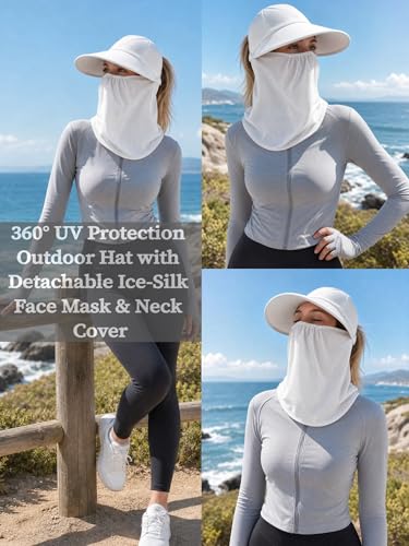 Outdoor Wide Brim Sun Hat Visor for Women, Detachable Face & Neck Cover, Hiking Gardening UPF 50+, Ponytail Friendly - color: White
