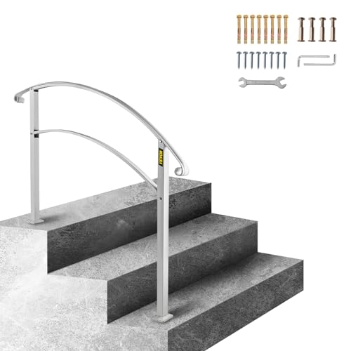 VEVOR Handrails for Outdoor Steps, Fit 1 or 3 Steps Outdoor Stair Railing, White Wrought Iron Handrail, Flexible Front Porch Hand Rail, Transitional Handrails for Concrete Steps or Wooden Stairs - size: White 2-3 Step, style: Style1 - Curved