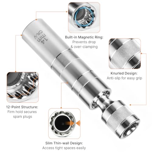 14mm&16mm Magnetic Swivel Spark Plug Socket Set- Thin Wall 3/8" Drive 12 Point Standard Spark Plug Sockets Removal Tool - CR-V Steel Made For Motorcycle, Car, SUV, BMW, Nissan, Mini, Mercedes (Silver) - color: Silver