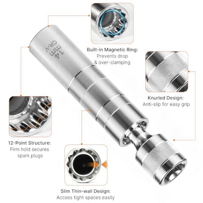 14mm&16mm Magnetic Swivel Spark Plug Socket Set- Thin Wall 3/8" Drive 12 Point Standard Spark Plug Sockets Removal Tool - CR-V Steel Made For Motorcycle, Car, SUV, BMW, Nissan, Mini, Mercedes (Silver) - color: Silver
