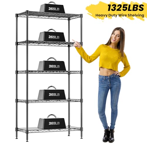 72" H Storage Shelves 5 Tier Wire Shelving with Shelf Liners, Adjustable Metal Garage Shelving, 1325LBS Heavy Duty Commercial Storage Rack for Pantry Kitchen, 35" W x 16" D x 72" H, Black - size: 35" W x 16" D x 72" H-5 Tier