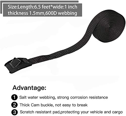 Premium Lashing Strap Short 1" x 6.5 ft, Cam Buckle Tie Down Straps Heavy Duty Secure Straps up to 700 lbs Capacity for Motorcycle,SUP, Kayak, Canoe, Surfboard, Cargo, Boat,Trailer, Luggage, 2pcs - color: Black 2pcs