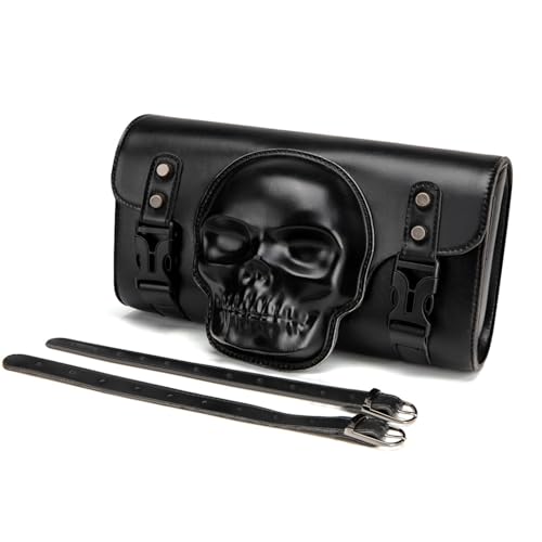 Motorcycle Tool Bag, Black PU Leather, Skull Design, Universal Waterproof Saddlebag for Front Fork Handlebar，Front Fork, Tail Rack (FBG323BK) - color: FBG323BK