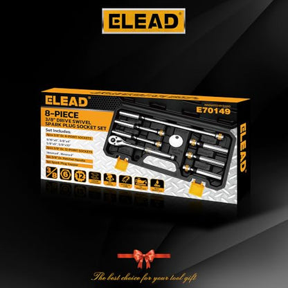 ELEAD 8-Piece 3/8" Drive Magnetic Swivel Spark Plug Socket Set, 5/8", 9/16", 14mm, 16mm, Include Ratchet Handle & Spark Plug Gapper, 6 & 12 Point CR-V Spark Plug Removal Tool - size: 3/8" Drive Set