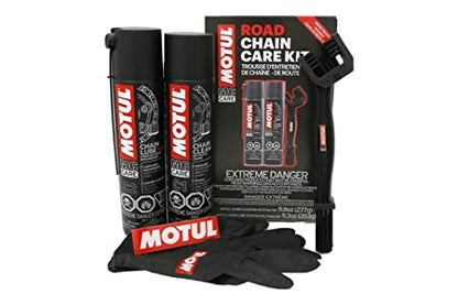 Motul C1 Chain Cleaner and C2 Motorcycle Chain Lube Kit with Brush, Gloves, and Sticker, Complete Road Motorcycle Maintenance Kit for Street Bikes and Karts