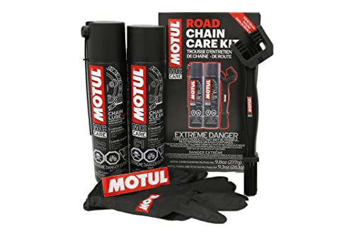 Motul Motorcycle Chain Care Bundle – C5 Chain Paste + C1 Chain Cleaner & C2 Chain Lube Kit w/Brush & Gloves Road Motorcycle Maintenance Kit