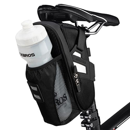 ROCKBROS Bike Saddle Bags with Water Bottle Pouch Waterproof Bike Bags Under Seat Pack for Mountain Road Saddle Bag Bicycles Storage Bag - color: Black
