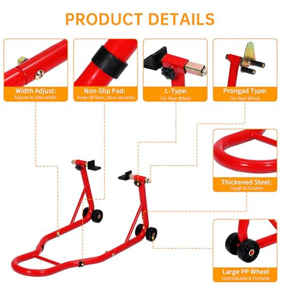 Heavy Duty Motorcycle Lift Stand Set, Front & Rear Wheel Paddock Stand with Adjustable Prong A dapter+L Swingarm Spool, 900 Lb Capacity for Bike Maintenance & Repairs, Red - color: Red