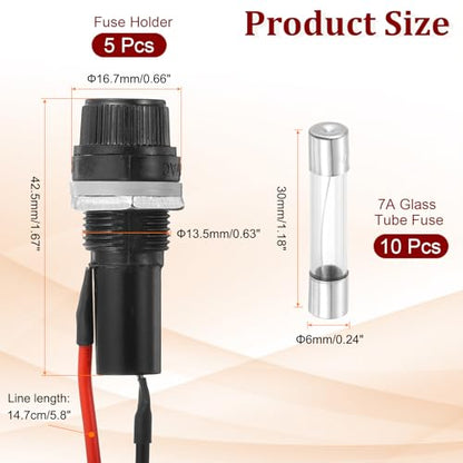 MECCANIXITY 5 Pcs Panel Mount Fuse Holder, 10/15A AC 125/250V 6 x 30mm Fuse Spade Terminal Screw Cap Fuse Holders with Pre-Soldered Wires and 7A Glass Tube Fuses - size: 6X30mm, style: 7A