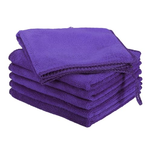 HARFINGTON 6 Pack Microfiber Cleaning Cloth, 12" x 12" Multi-Functional Cleaning Towels Reusable Absorbent Rags with Hook for Car Wash Kitchen Household Window Clean, Purple - color: Purple, size: 12" x 12"