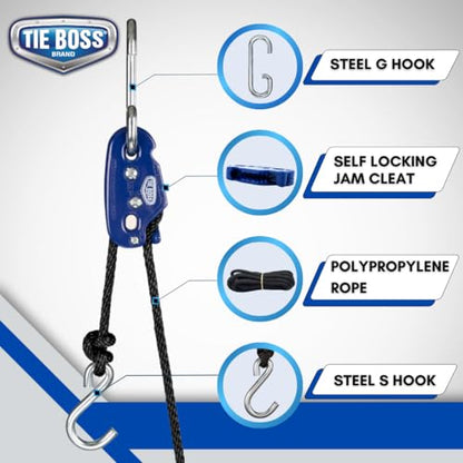 Tie Boss - 3/8 Inch, Heavy Duty, (300 lbs Working Load Limit), Weather Resistant, Tie Down, Rope Tightening System, (w/15 ft Rope) - Blue (Blue) - color: Blue