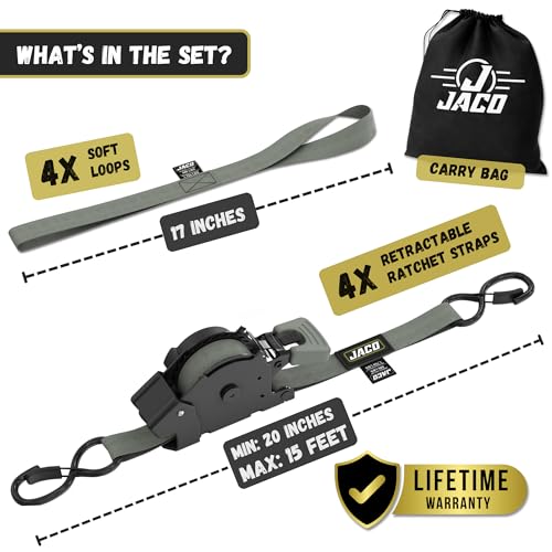 JACO Retractable Ratchet Straps - 1 in x 15 ft (4-Pack) (1,760lbs Break Strength) | Auto Self Retracting Cargo Tie Down Strap Set (Gray) - color: Gray, size: 4-Pack