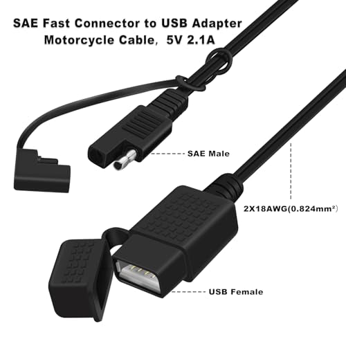 SAE to USB Cable 18AWG 5V 2.1 A Waterproof Motorcycle USB Charge kit Kit SAE to Adapter Cable for Phone, Tablet, GPS Charger (Typ A Port 1, 1 m)