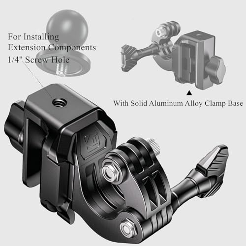 Kewig Motorcycle Windshield Camera Mount with Aluminum Alloy Clip Base, Compatible with GoPro/DJI OSMO/Insta360 Action Camera, Angle Adjustable, Quick-Release Design