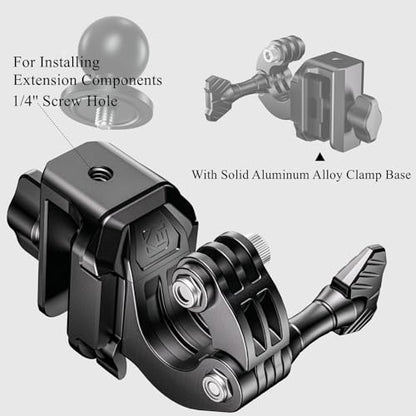 Kewig Motorcycle Windshield Camera Mount with Aluminum Alloy Clip Base, Compatible with GoPro/DJI OSMO/Insta360 Action Camera, Angle Adjustable, Quick-Release Design