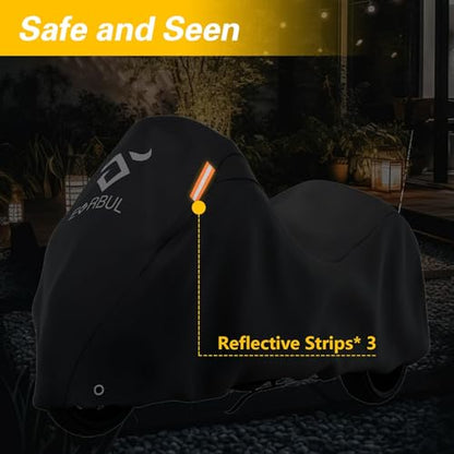 EVRBUL Trike Motorcycle Cover Waterproof 3-Wheel Vehicles Cover with Reflective Strips and Windproof Buckle Compatible with Harley Davidson CVO Tri Glide, Honda Gold Wing Trike 108× 59× 59 in - size: 108’’-Trike