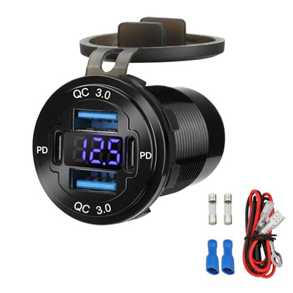 12V USB Outlet 4-Port, 78W Dual PD30W & QC3.0 Fast Charger, Waterproof Aluminum Alloy 12v Power Outlet with Blue Voltmeter for Cars RVs Boats Golf Carts Trucks Motorcycles - size: 1 pack