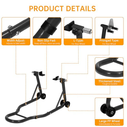 Heavy Duty Motorcycle Lift Stand Set, Front & Rear Wheel Paddock Stand with Adjustable Prong A dapter + L Swingarm Spool, 900 Lb Capacity for Bike Maintenance & Repairs, Black - color: Black