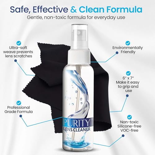 Purity Eyeglass Lens Cleaner Kit - 3 x 1oz Travel Size Lens Cleaner Spray Bottle + 2 Microfiber Cleaning Cloths - Safe for All Lenses (AR Coated Included), Eyeglasses and Screens - Clear - style: 5 Piece Set - 3 (1oz Lens Spray) + 2 (Microfiber Cloth)
