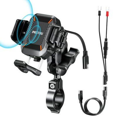 iMESTOU Motorcycle Wireless USB C Phone Mount Anti-Vibration, Anti-Theft 1" Ball Qi Phone Mount Suitable for 5.2"-7.2" Up to 15mm Thick Phones, Fits for 22-32mm Handlebars, Works with 12-24V Vehicles