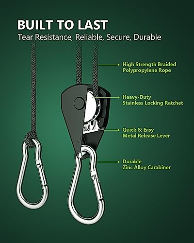 4-Pack 1/8" Adjustable Rope Hanger, Heavy Duty Ratchet Tie Down Strap with Reinforced Metal Gear, Ratcheting Pulley System Kayak Straps for Hanging Plants Grow Light and Various Tie-Down Uses - size: 4-Pack 1/8"
