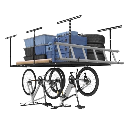FLEXIMOUNTS 4x8 Overhead Garage Storage Rack w/Hooks Adjustable Ceiling Storage Rack, 96" Length x 48" Width x 40" Height, 22''-40" Ceiling Dropdown, Black, Classic Series - color: Black, size: 4x8 ft w/hooks