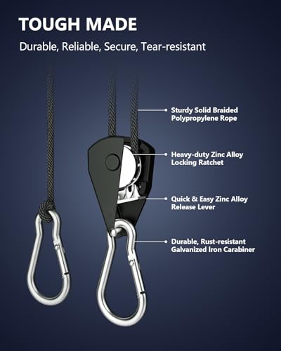 VIPARSPECTRA Retractable Heavy Duty Ratchet Tie Down Straps [2 Pack, 8ft, 75lbs/Pack], Rope Pulley System with Carabiner Hook for Hanging Plants/Grow Light/Tents Various Tie-Down Uses - size: 1/8" 2-Pack