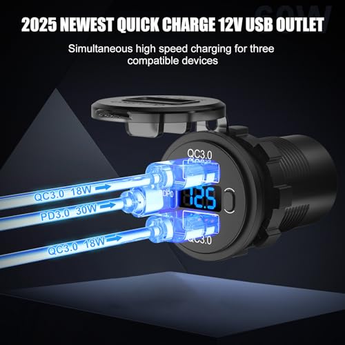2 pack 12V USB C Outlet Marine USB Charging Port for Car, Dual Quick Charge 3.0 & PD 3.0 Car Charger Socket with Button Switch and Voltmeter, Cigarette Lighter Replacement DIY Kit for 12V/24V Vehicles - color: 2 pack