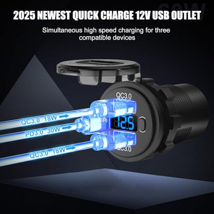 2 pack 12V USB C Outlet Marine USB Charging Port for Car, Dual Quick Charge 3.0 & PD 3.0 Car Charger Socket with Button Switch and Voltmeter, Cigarette Lighter Replacement DIY Kit for 12V/24V Vehicles - color: 2 pack