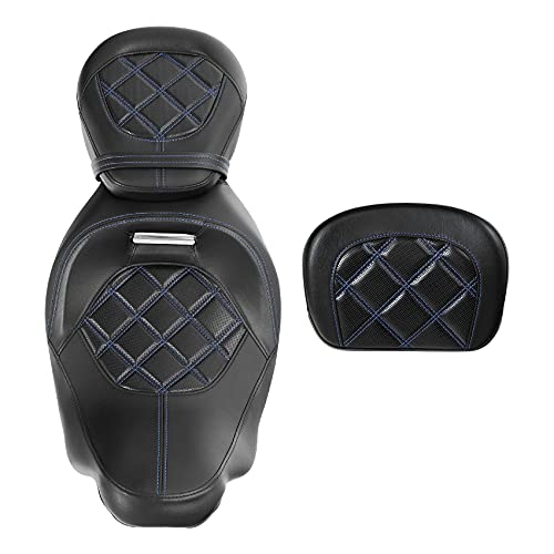 SLMOTO Motorcycle Seat with Sissy Bar Tour Trunk Pad Fit for Harley Davidson Touring King Street Glide Tri-Glide 2009-2020 Trike 2010-2023 CVO Bikes Blue Stitching Driver Passenger Seat+Tour Trunk - color: Seat + Passenger Backrest Black Blue#110