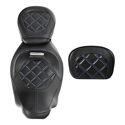 SLMOTO Motorcycle Seat with Sissy Bar Tour Trunk Pad Fit for Harley Davidson Touring King Street Glide Tri-Glide 2009-2020 Trike 2010-2023 CVO Bikes Blue Stitching Driver Passenger Seat+Tour Trunk - color: Seat + Passenger Backrest Black Blue#110