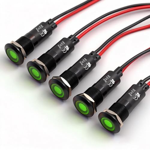 5PCS 12mm(1/2") Waterproof 5V 12V 24V LED Indicator Light Green Metal Signal Dash Pilot Light for Automotive Industrial Equipment(12V-24V Green LED Light - color: 12mm-Green Light-5PCS