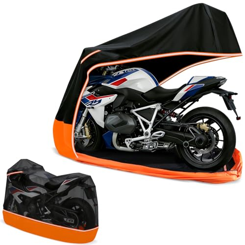 Full Enclosed Motorcycle Cover,Waterproof for Outdoor & Indoor Storage, 600D Heavy Duty with Reflective Strips, Fits Scooters & Touring Motorcycles up to Length 108" x 45" x 59" Black&Orange - size: 108"L-45"W-59"H