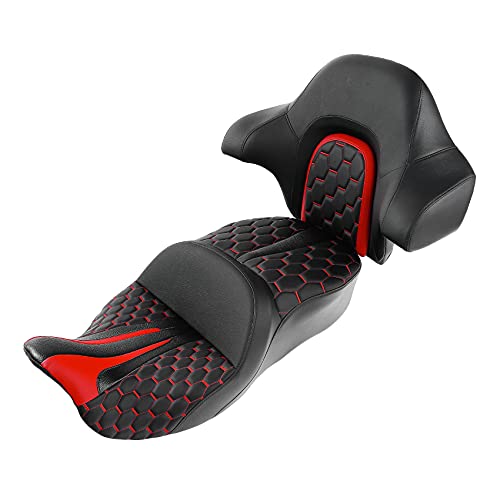 SLMOTO Gel Hammock Seat + Passenger Backrest Pad Sissy Bar Fit for Harley Touring Road King Glide Street Glide Electra Glide 2014-2023 Black Red 2 Up Rider Driver Cushion - color: Gel Style A Red Seat + Backrest