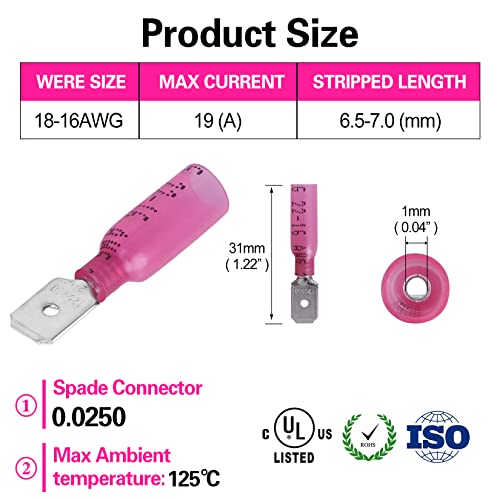 100 PCS 22-16 AWG Waterproof Heat Shrink Quick Disconnect Connectors, Crimp Electrical Wire Male Spade Connectors Insulated Disconnect for Marine Automotive Motorcycle Home Wiring (Red) - size: [22-16 AWG] Male x 100