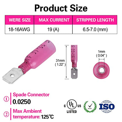 100 PCS 22-16 AWG Waterproof Heat Shrink Quick Disconnect Connectors, Crimp Electrical Wire Male Spade Connectors Insulated Disconnect for Marine Automotive Motorcycle Home Wiring (Red) - size: [22-16 AWG] Male x 100