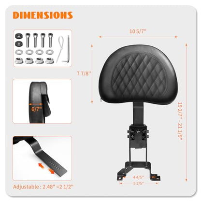Plug-In Driver Rider Backrest for Indian Adjustable Motorcycle Front Back Rest Pad Mounting Kit Fit Chief Chieftain Roadmaster Springfield 2014-2025 (Not for Indian Chieftain PowerPlus) - color: Black-Diamond