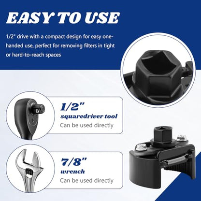 Universal Oil Filter Wrench Adjustable with Auto-Clamp Spring,60-80mm (2.36-3.15 inch),1/2" Drive Cap Style Oils Filter Tool Perfect Fits Small Medium-sized Spin-on Oil Filters