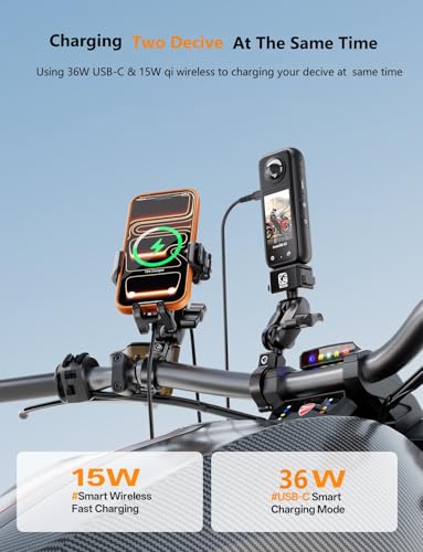 Kewig Motorcycle Phone Mount with Qi 15W Wireless Charger & 36W PD/USB C Fast Charging Port, Anti-Theft Handlebar Cellphone Holder with Vibration Dampener for Bike Scooter ATV, Fit 5.4-7.2" Phone