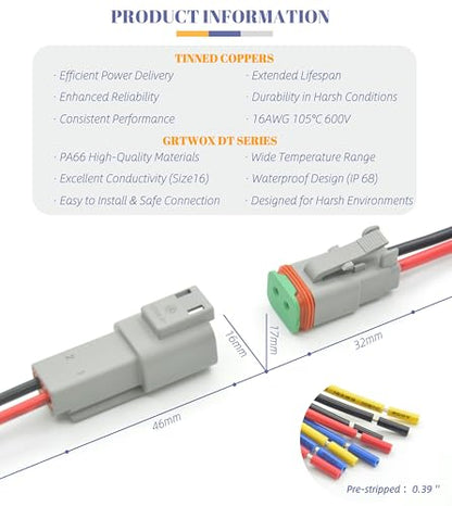 DT 2 Pin Connector Kit Waterproof Electrical Connector 16 AWG Male and Female Automotive Wire Connectors for Car Truck Boat, Dt Connector 6 Sets (2 Pin 6 Sets) - size: 2 Pin 6 Sets
